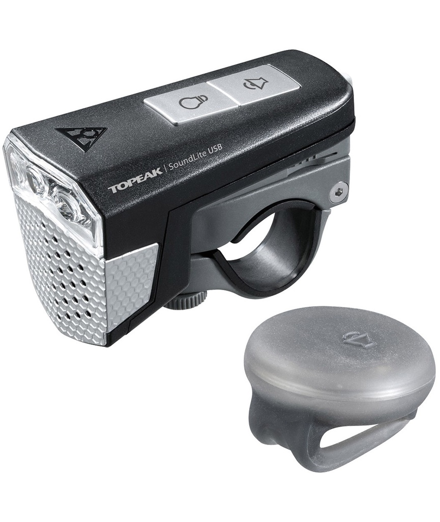[TKTMS077B] TOPEAK Stock Fanalino anteriore a led bianco Soundlite USB 3 led con campanello integrato