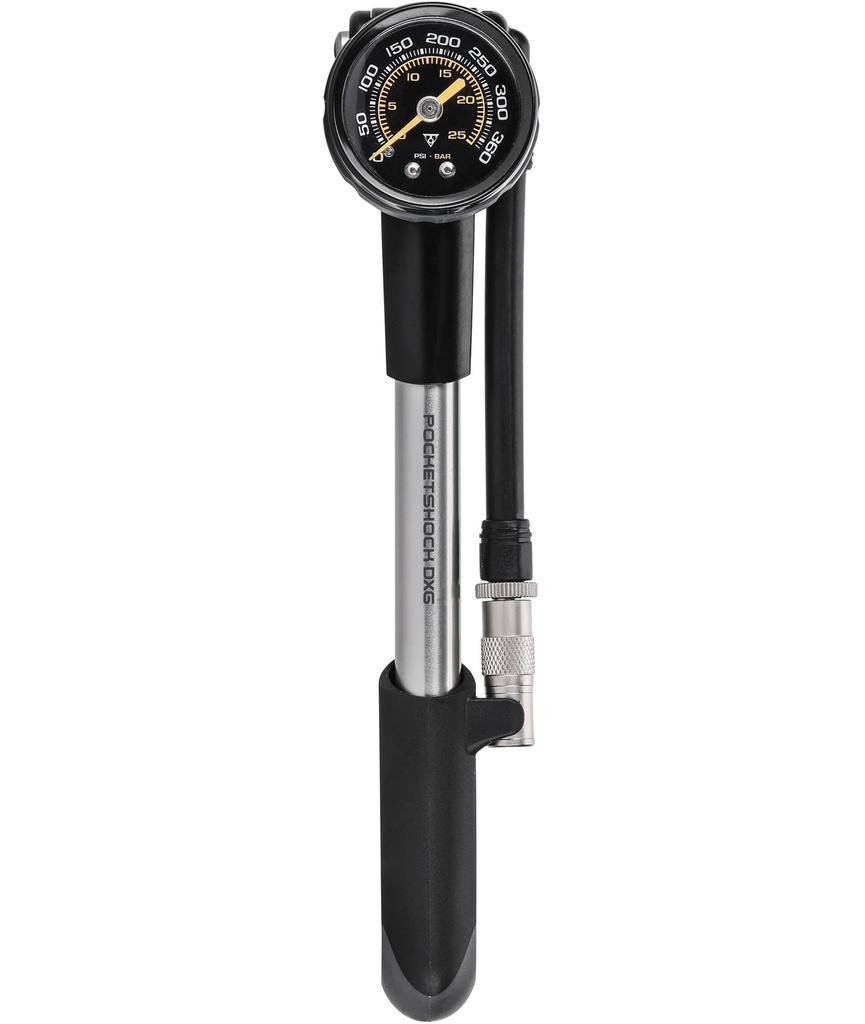 TOPEAK Minipompa per ammortizzatori Pocketshock DXG con valvola Pressure-Rite e manometro analogico 25 bar/360 psi