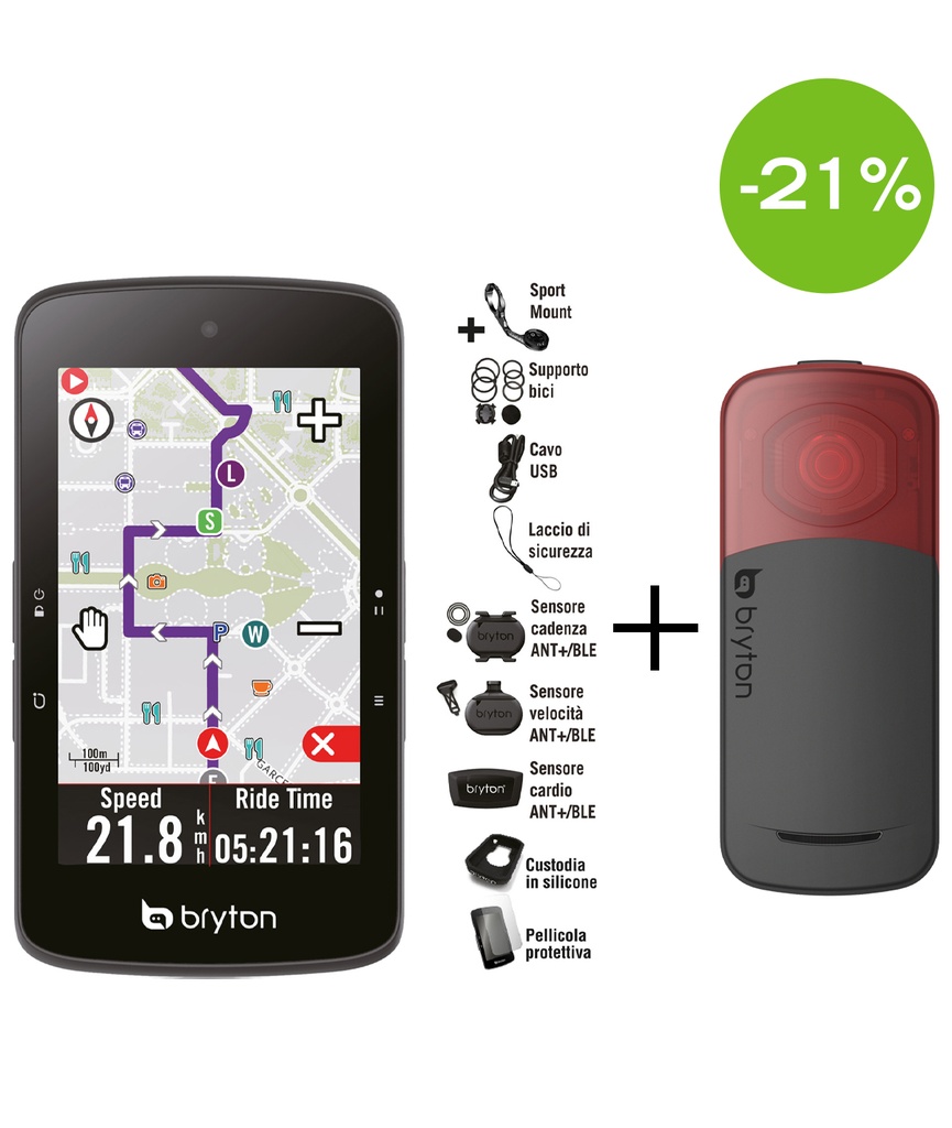Bundle Bryton: GPS Rider S800T con kit dual sensor, HRM e supporto frontale in alluminio + Gardia R300L bike radar retrovisore con luce posteriore